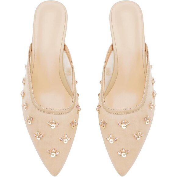 🆕Women Cream Kitten Heel Mules Flower Decor Mesh Pointed Toe Low Heel Pumps - Picture 7 of 7
